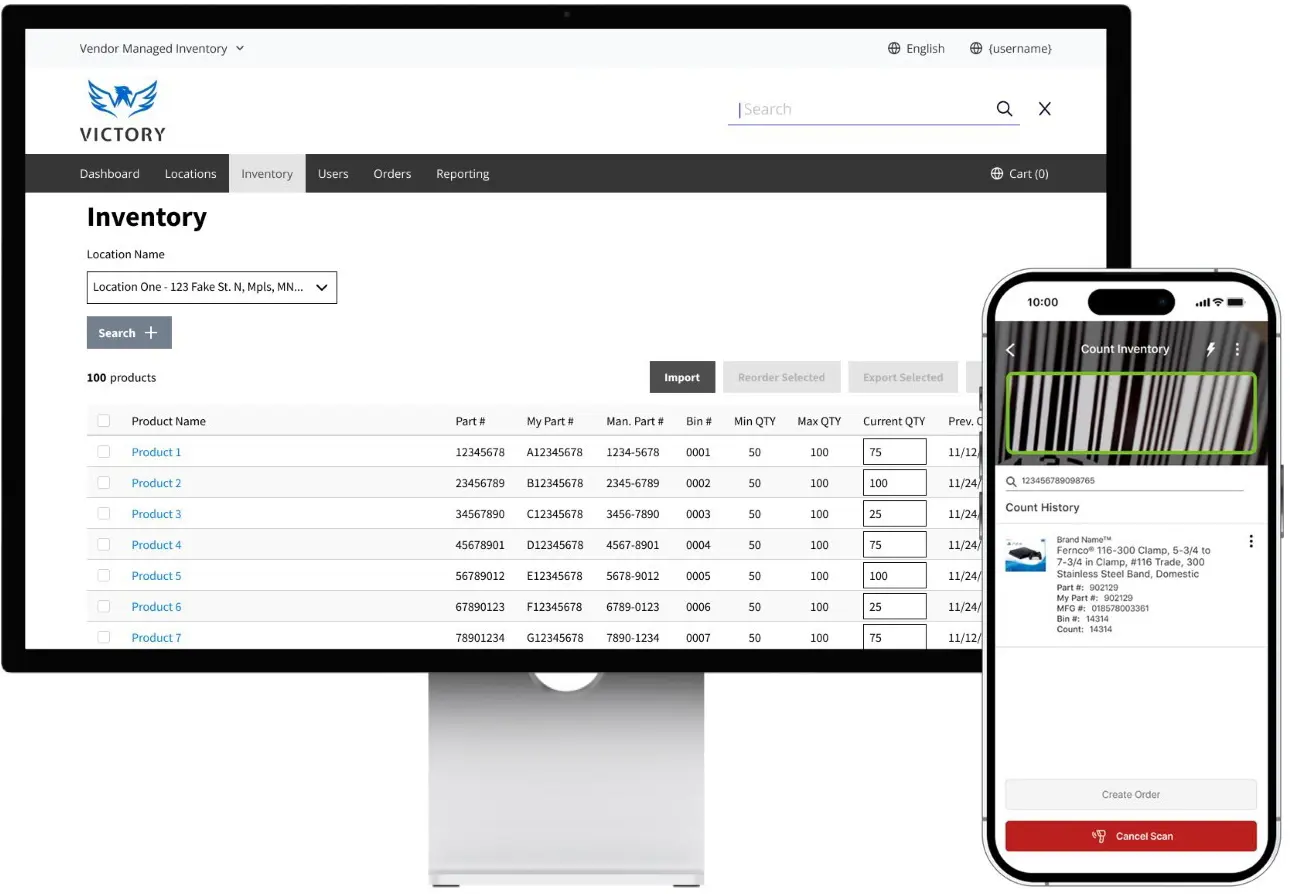 Vendor managed inventory shown on desktop and mobile app