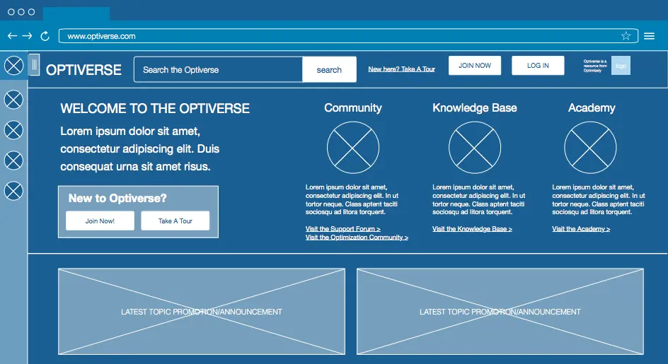 optiverse community homepage wireframe 