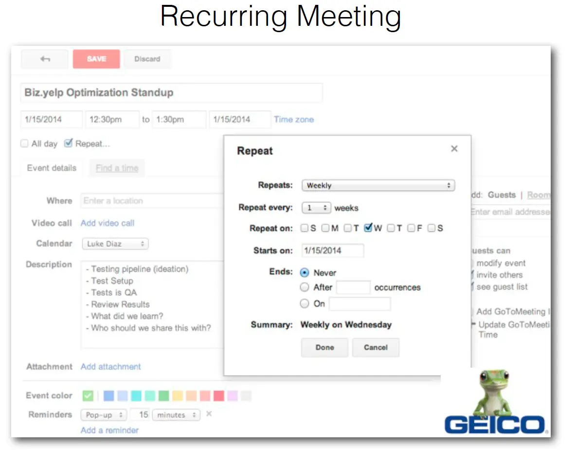 Example of a recurring meeting setup in Google Calendar