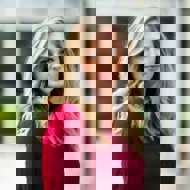 a woman in a red shirt