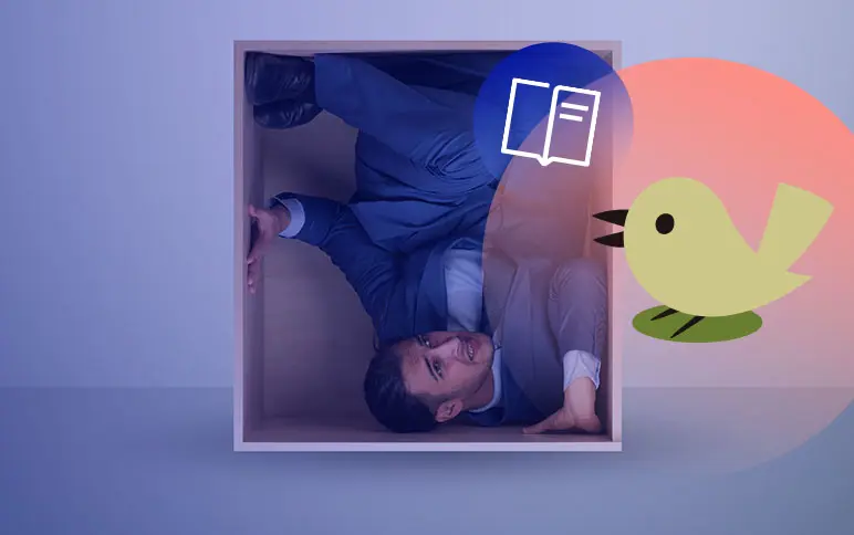 Man crammed into a box, looking desperate to get out. Illustration of potential experience of out of the box CMS functionality.