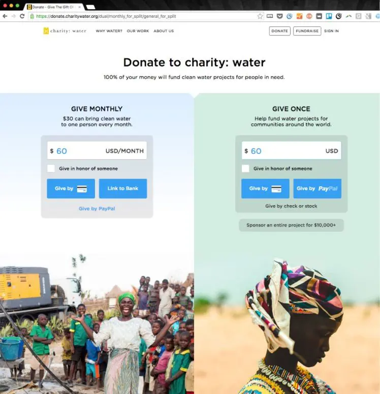 Charity:Water homepage and variation