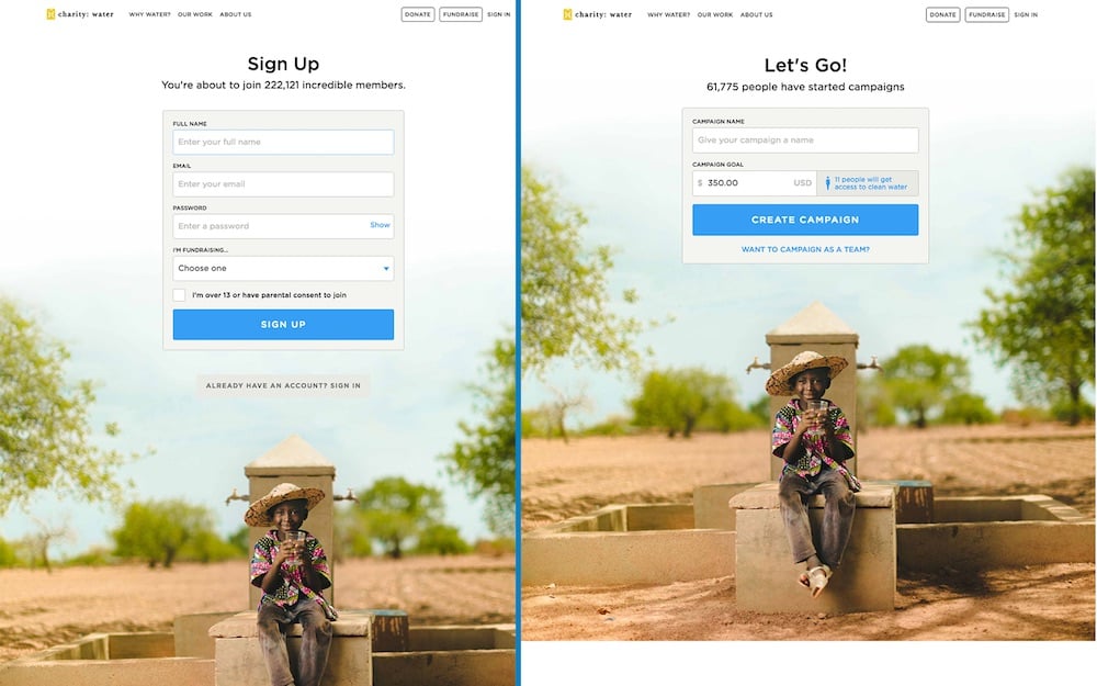 Charity:Water homepage variations
