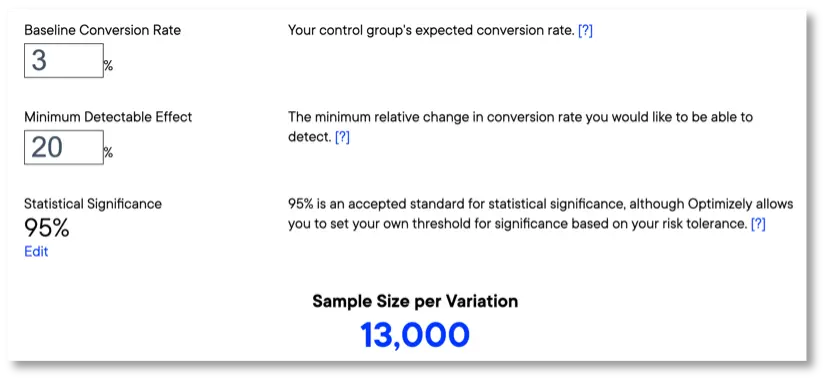 Screenshot of the sample size calculator on optimizely's website
