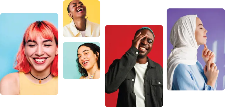 Laughing people on colorful background