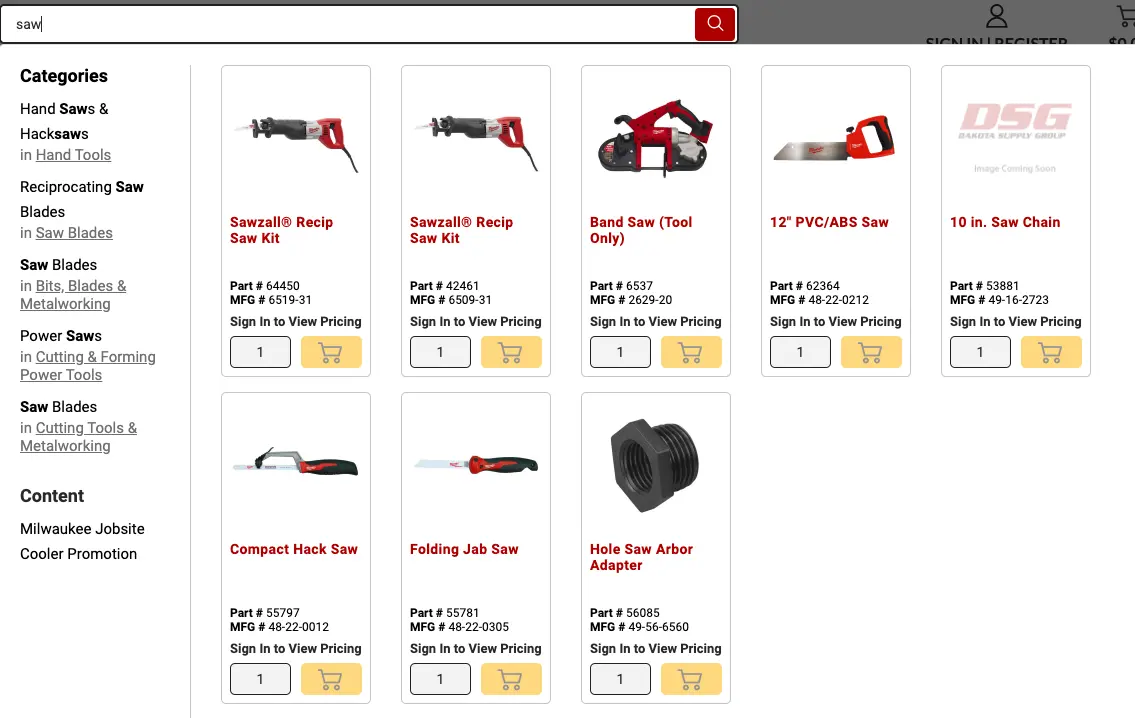 Dakota Supply Group Product Previews in Search Bar