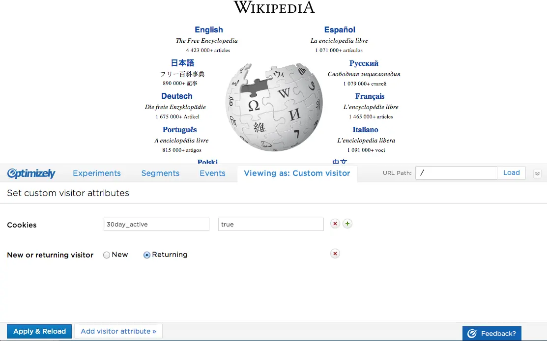 Optimizely’s newly redesigned preview tool, used on Wikipedia.com as an example.
