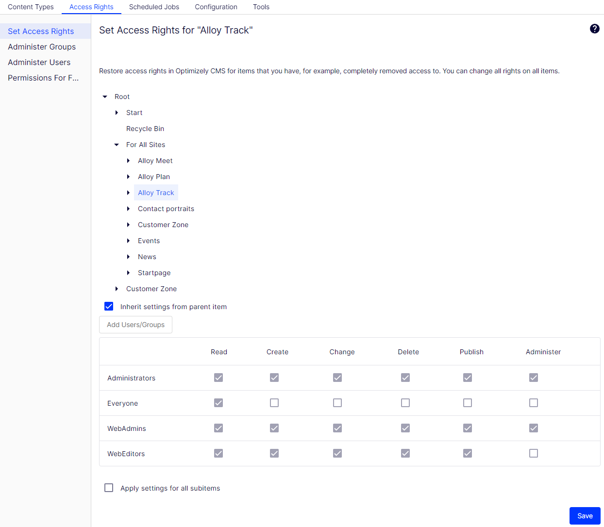 Setting access rights in CMS