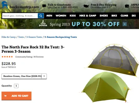 Tents on an ecommerce website