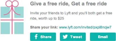 In email, Lyft offers a credit for referring friends to sign up on different social networks.