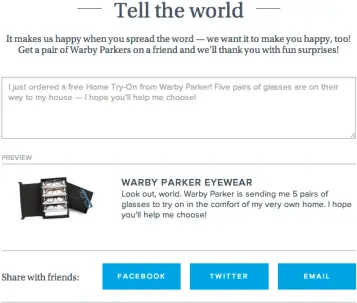 Warby Parker strongly urges sharing on its order confirmation pages.
