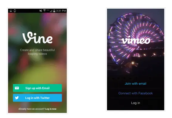 Vine and vimeo login screens