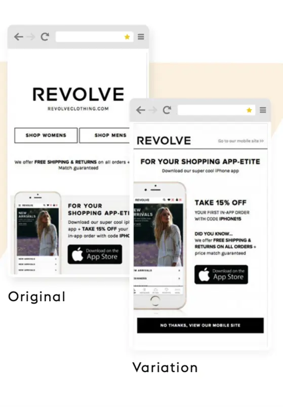 Revolve homepage version A and version B