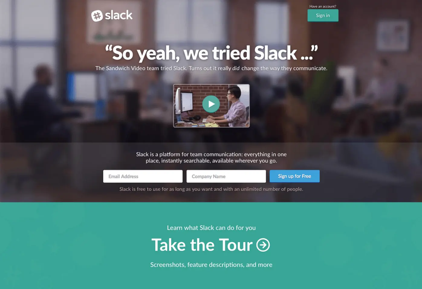 Landing page from Slack