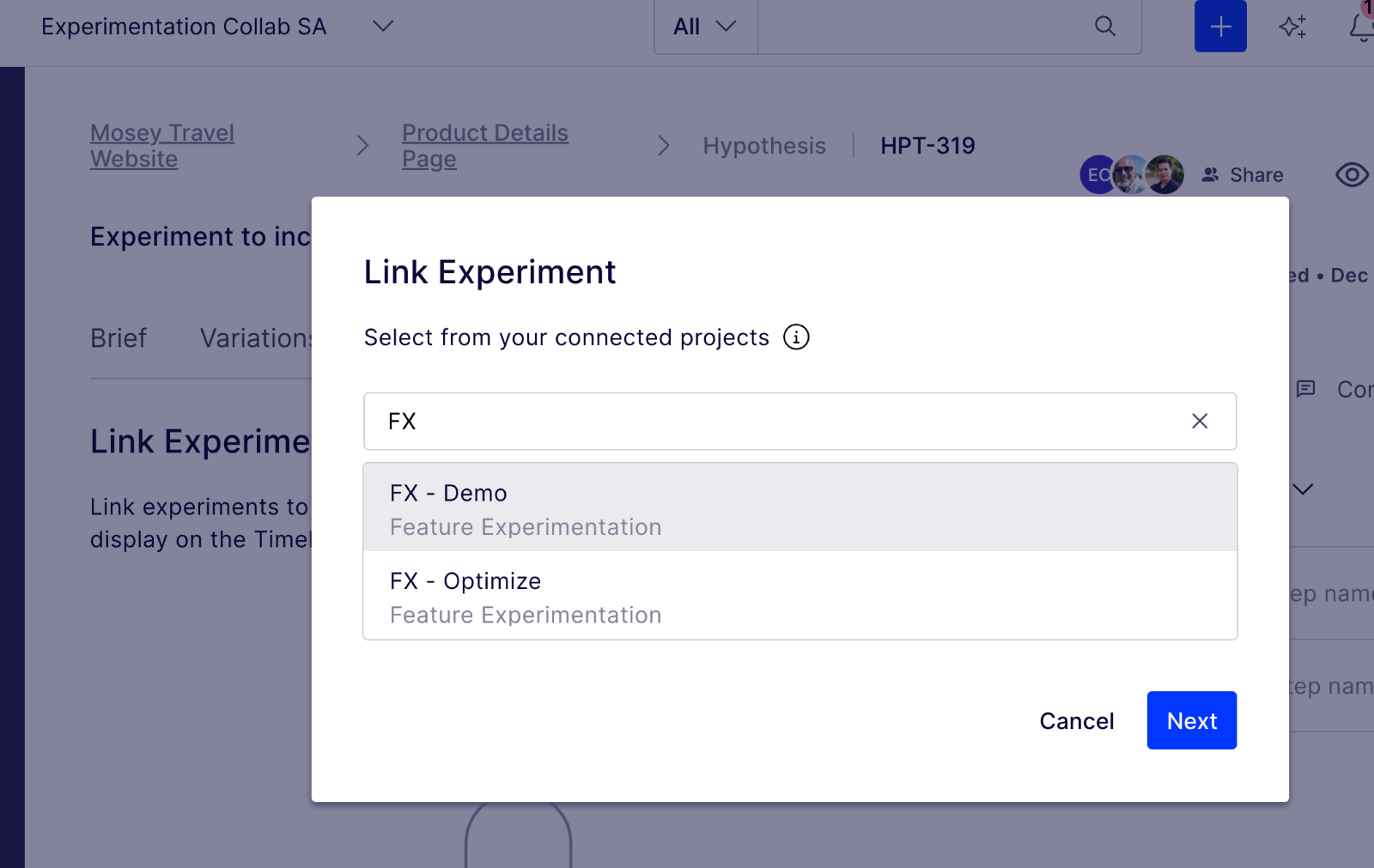 Linking experiments in the product interface