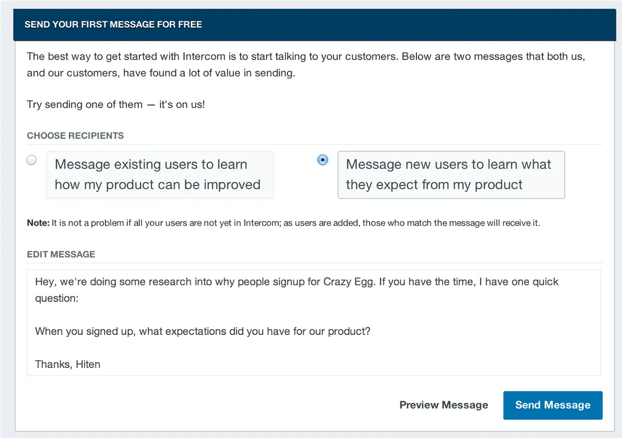 Example of an Intercom email for new users.